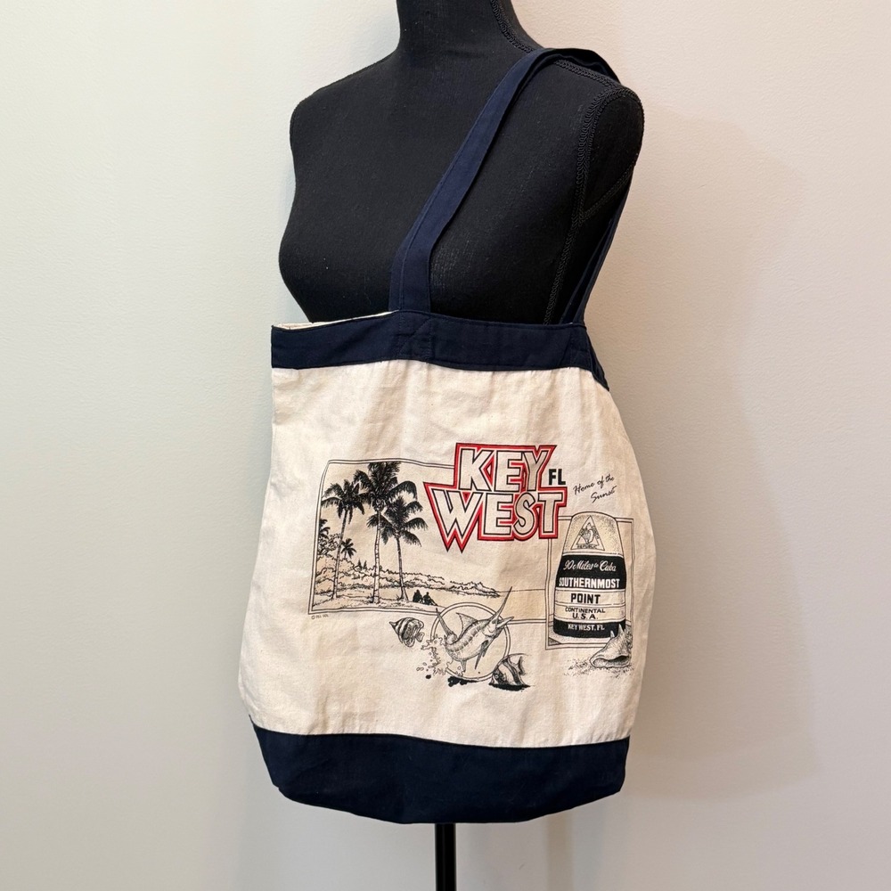 Vintage Del Sol Key West Florida Canvas Cotton Tote Bag Navy Cream Resortwear
